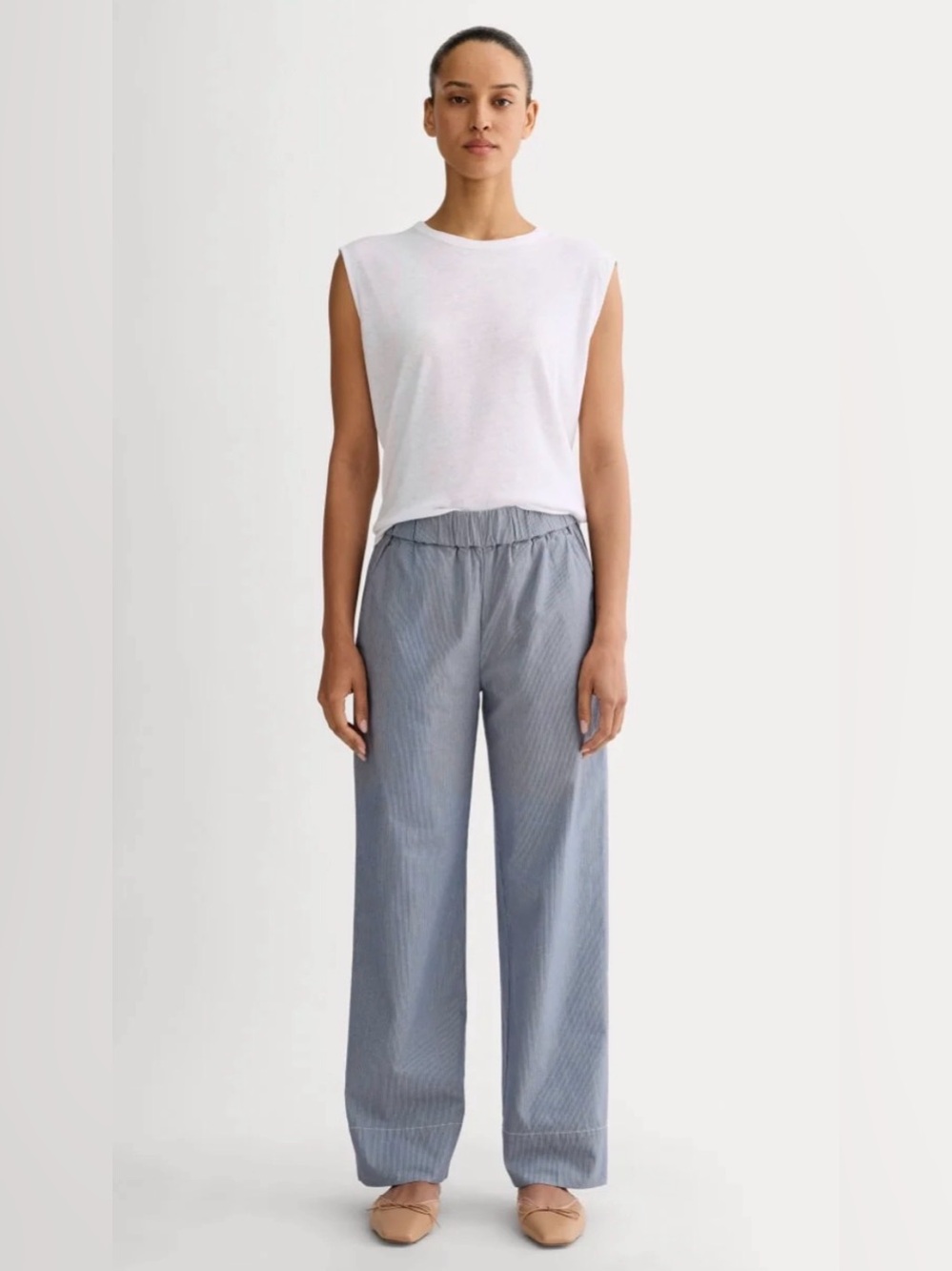 New Everlane THE EASY PANT Dark Denim Pinstripe S Nautical Coastal French Girl